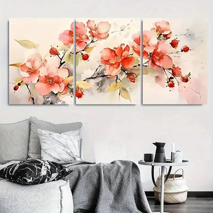 3pcs Peach and Red Blossom Flowers Metal Print Ready to Hang Art