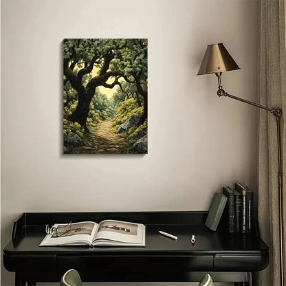 Flourishing Oak Forest Scene with Sunlit Pathway 40x60cm Metal Print Ready to Hang