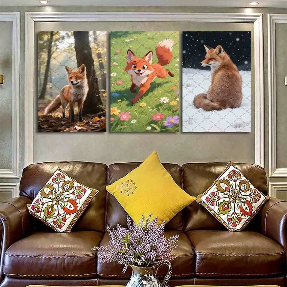 3pcs Autumn Forest Playful Fox in Meadow Metal Print Ready to Hang Art