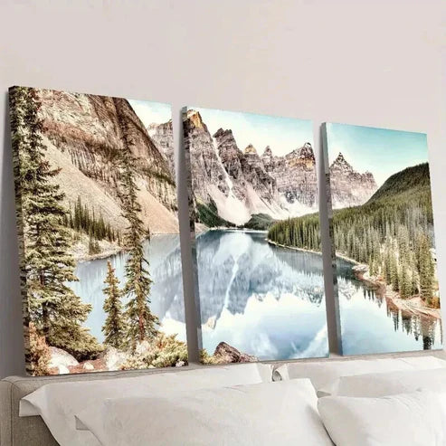 3pcs Serene Lake Mountain & Evergreen Trees Wall Art Set Canvas Unframed - High Quality Print 100% Australian Made Wall Canvas