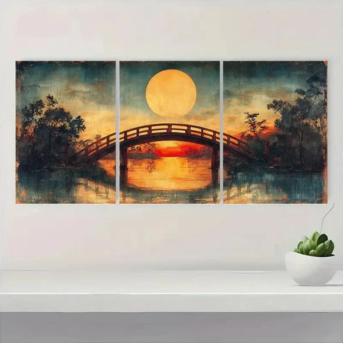 3pcs Japanese Ukiyo Meguro Drum Bridge Wall Art Canvas Unframed - High Quality Print 100% Australian Made Wall Canvas
