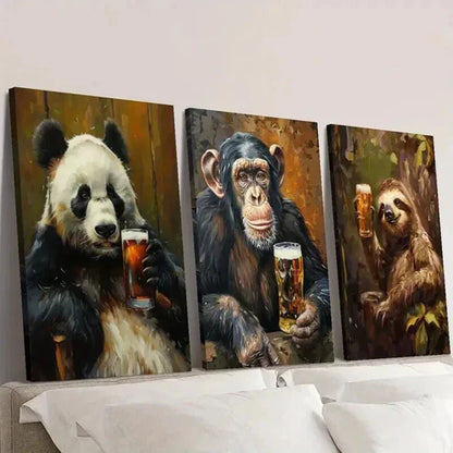 3pcs Cute Wild Animal Drinking Beer Wall Art Set Canvas Unframed - High Quality Print 100% Australian Made Wall Canvas