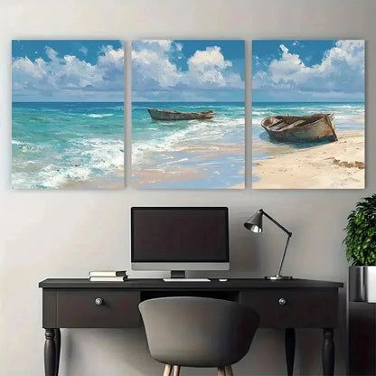3pcs Stranded Boats On Beach Variant Perfect  Wall Art Set Canvas Framed 60x90cm - High Quality Print 100% Australian Made Wall Canvas Ready to Hang