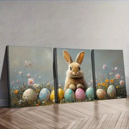 3pcs Adorable Easter Bunny with Eggs Wall Art Set Canvas Framed 60x90cm - High Quality Print 100% Australian Made Wall Canvas Ready to Hang