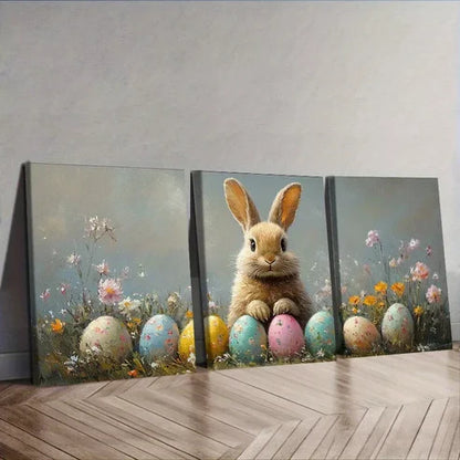 3pcs Adorable Easter Bunny with Eggs Wall Art Set Canvas Framed 60x90cm - High Quality Print 100% Australian Made Wall Canvas Ready to Hang
