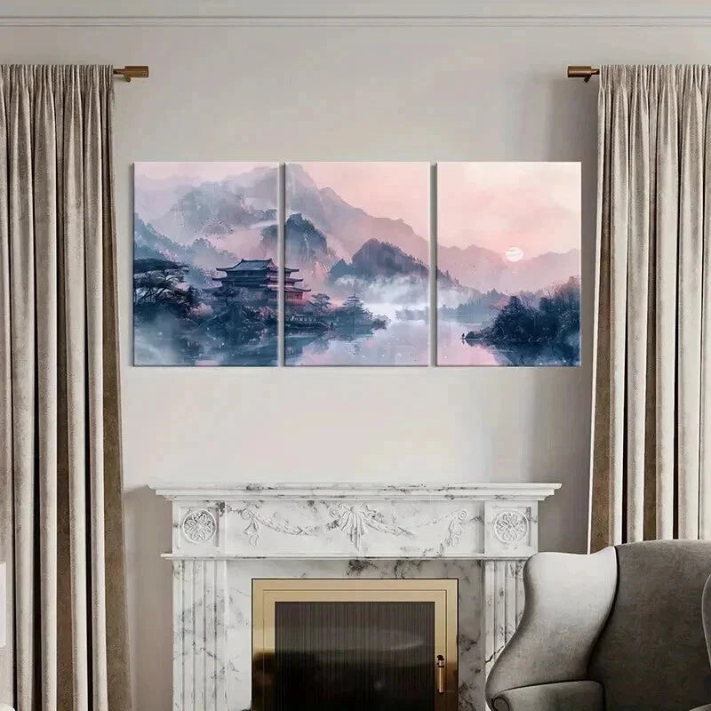 3pcs Chinese Traditional Architecture Landscape Wall Art Set Canvas Framed 40x60cm - High Quality Print 100% Australian Made Wall Canvas Ready to Hang