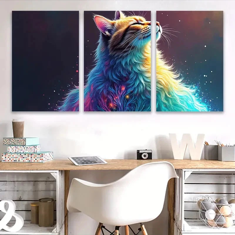 3pcs Vibrant Cat Illustration Wall Art Set Canvas Framed 40x60cm - High Quality Print 100% Australian Made Wall Canvas Ready to Hang