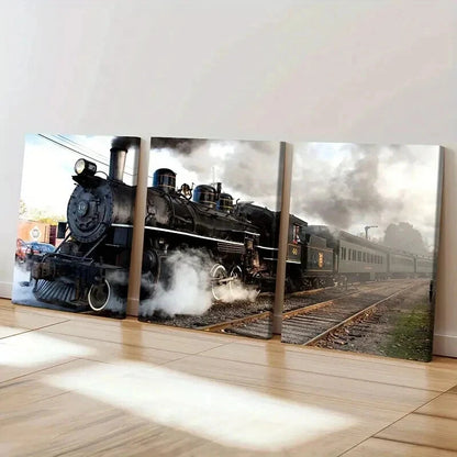 3pcs Retro Vintage Steam Train Vehicle Wall Art Set Canvas Framed 40x60cm - High Quality Print 100% Australian Made Wall Canvas Ready to Hang