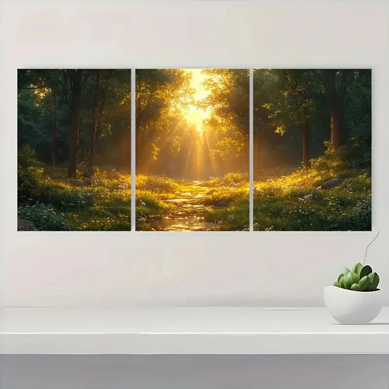 3pcs Scene With Sunlit Forest Dramatic Lighting Metal Print Ready to Hang Art