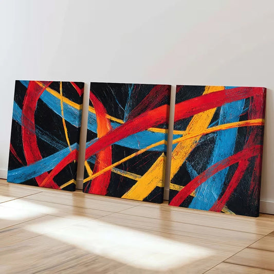 3pcs Abstract Red Blue Yellow Stripes Dynamic  Wall Art Set Canvas Framed 60x90cm - High Quality Print 100% Australian Made Wall Canvas Ready to Hang