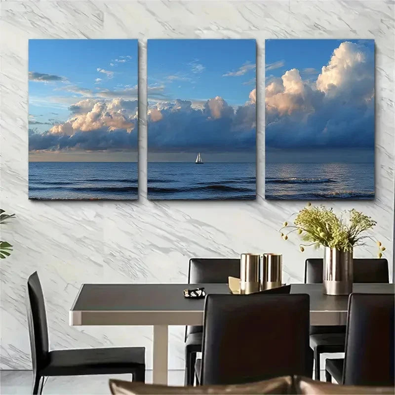 3pcs North Sea Blue Horizon Yacht Perfect Wall Art Set Canvas Framed 60x90cm - High Quality Print 100% Australian Made Wall Canvas Ready to Hang