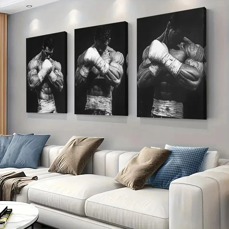 3pcs Black and White Boxing Strong Perfect Wall Art Set Canvas Framed 40x60cm - High Quality Print 100% Australian Made Wall Canvas Ready to Hang