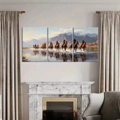3pcs Cowboys Herd Of Horses River Mountains Wall Art Set Canvas Framed 40x60cm - High Quality Print 100% Australian Made Wall Canvas Ready to Hang