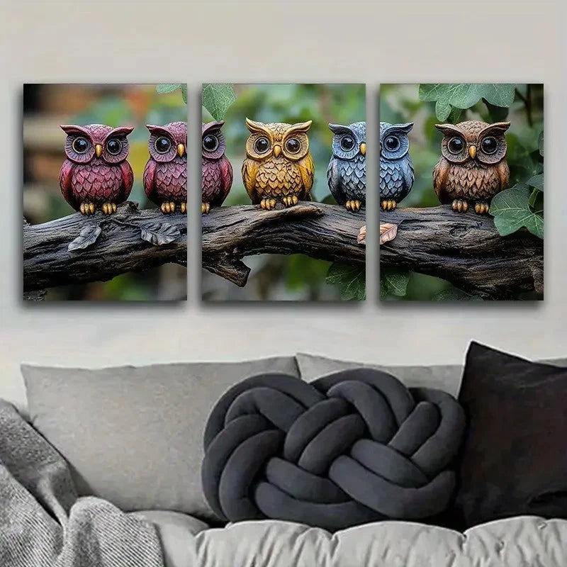 3pcs Colourful Owls On The Branch Metal Print Ready to Hang Art