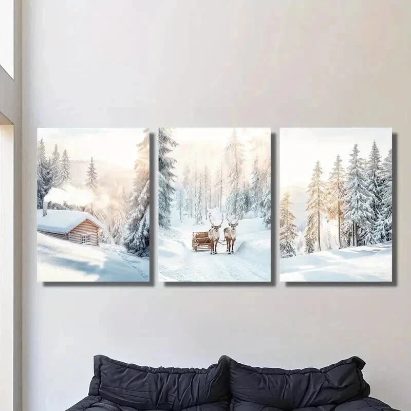 3pcs Snowy Trees Scene & Christmas Elk Wall Art Set Canvas Framed 40x60cm - High Quality Print 100% Australian Made Wall Canvas Ready to Hang