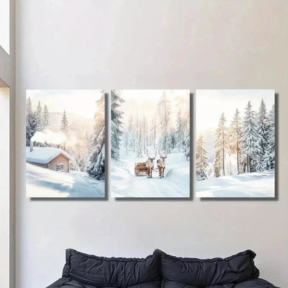 3pcs Snowy Trees Scene & Christmas Elk Wall Art Set Canvas Framed 40x60cm - High Quality Print 100% Australian Made Wall Canvas Ready to Hang