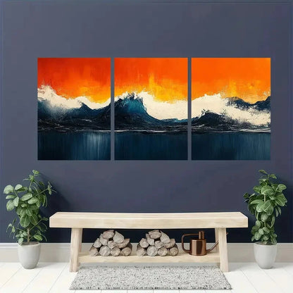 3pcs Abstract Ocean Vibrant Sunset & Wave Design Metal Print Ready to Hang Art