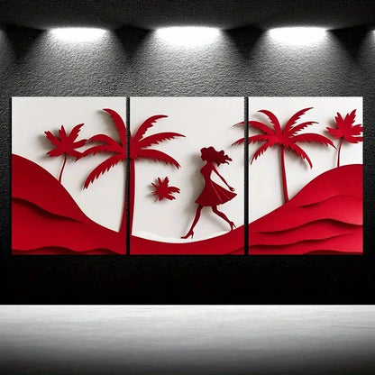 3pcs Featuring Coconut Trees And Women The Beach Metal Print Ready to Hang Art