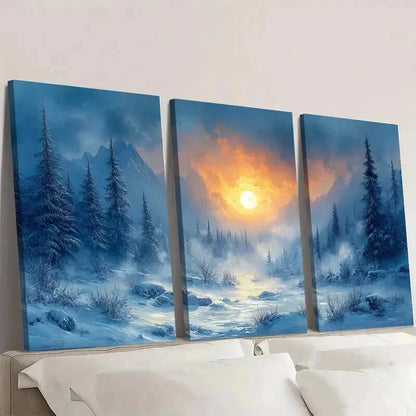 3pcs Snowy Forest and Mountain Scenery with Sun Wall Art Set Canvas Framed 40x60cm - High Quality Print 100% Australian Made Wall Canvas Ready to Hang