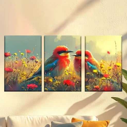 3pcs Two Birds Sitting on a Field of Flowers Wall Art Canvas Unframed - High Quality Print 100% Australian Made Wall Canvas