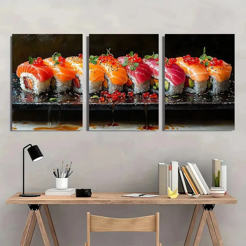 3pcs Abstract Sushi Oil Painting Metal Print Ready to Hang Art