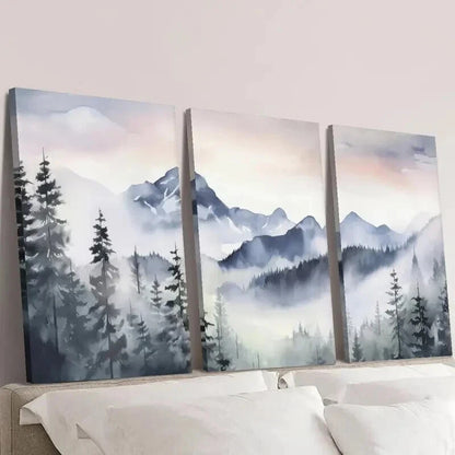 3pcs Blue Snow Mountain Valley Forest Wall Art Set Canvas Framed 40x60cm - High Quality Print 100% Australian Made Wall Canvas Ready to Hang