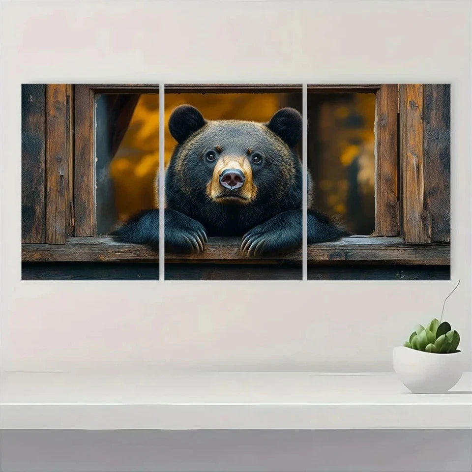 3pcs Rustic Black Bear Charming Animal Eyes Window Metal Print Ready to Hang Art