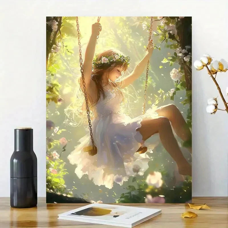 Elegant Girl in White Dress Garden Swing  40x60cm Metal Print Ready to Hang