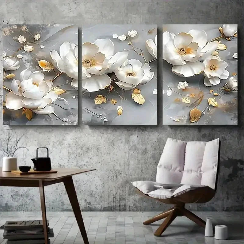 3pcs Elegant White and Golden Floral Metal Print Ready to Hang Art