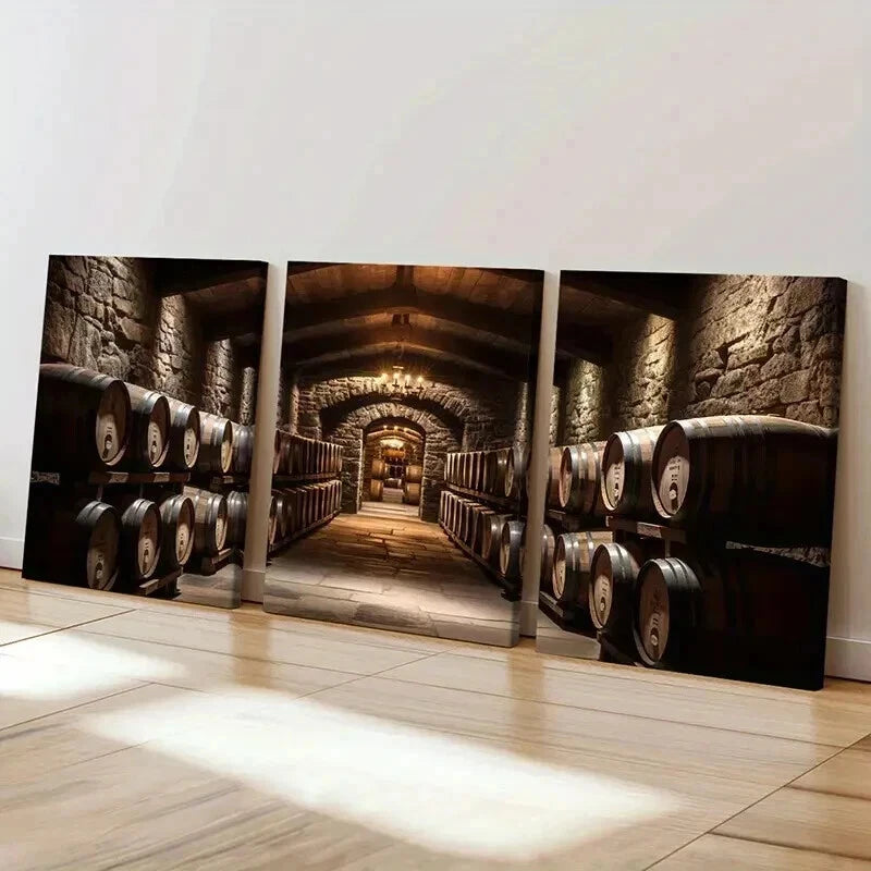 3pcs Wine Barrels Stone Walls Decoration Wall Art Set Canvas Framed 40x60cm - High Quality Print 100% Australian Made Wall Canvas Ready to Hang