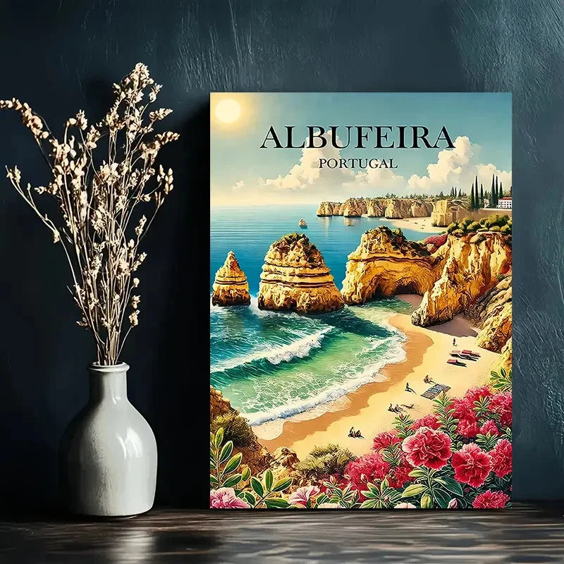 Portugal Albufeira Beach Landscape Painting Travel Poster Print Wall Art