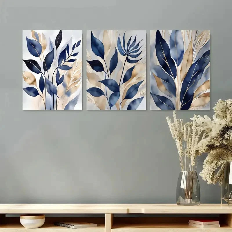 3pcs White Blue and Golden Abstract Leaf Metal Print Ready to Hang Art