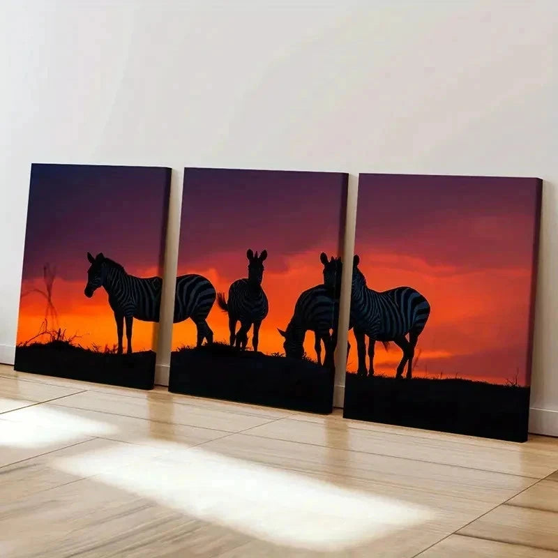 3pcs Zebra Herd At Sunset African Savannah Wall Art Set Canvas Framed 40x60cm - High Quality Print 100% Australian Made Wall Canvas Ready to Hang