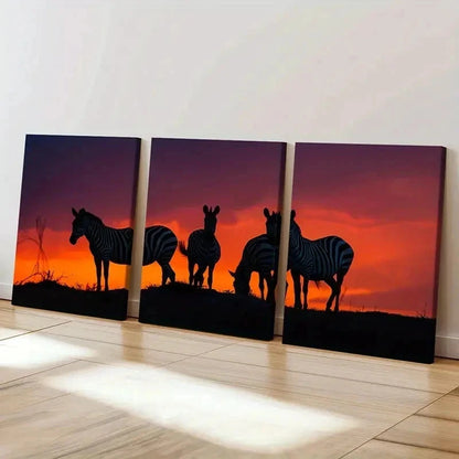 3pcs Zebra Herd At Sunset African Savannah Wall Art Set Canvas Framed 40x60cm - High Quality Print 100% Australian Made Wall Canvas Ready to Hang