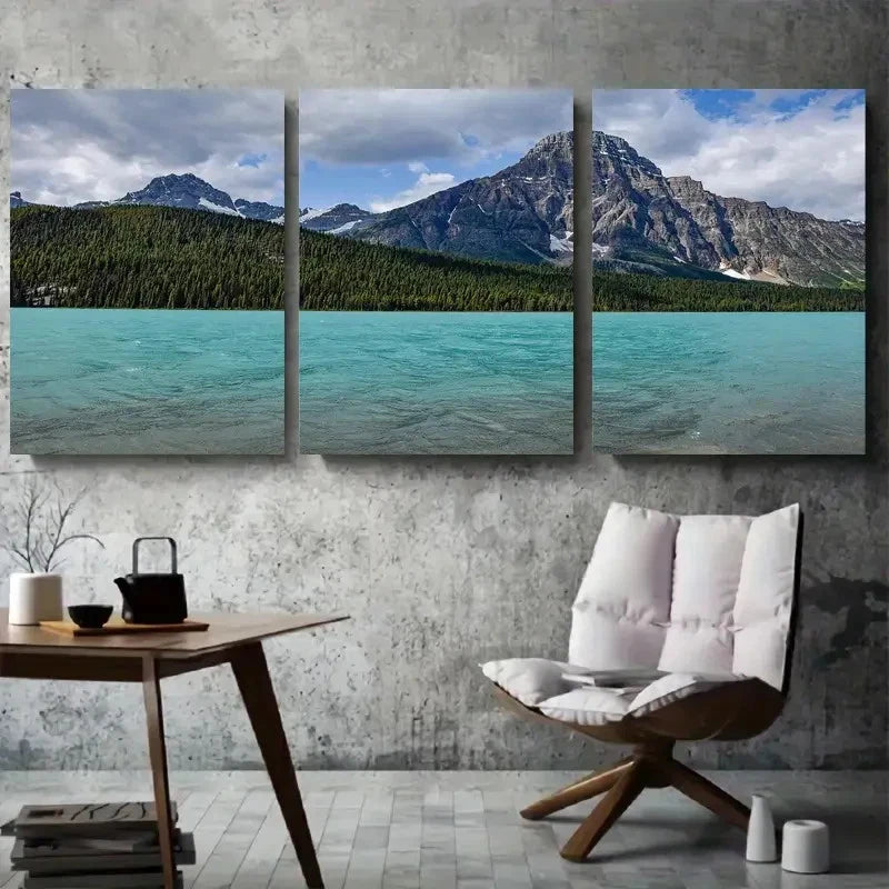 3pcs Snow Capped Peaks Waters and Forest Metal Print Ready to Hang Art