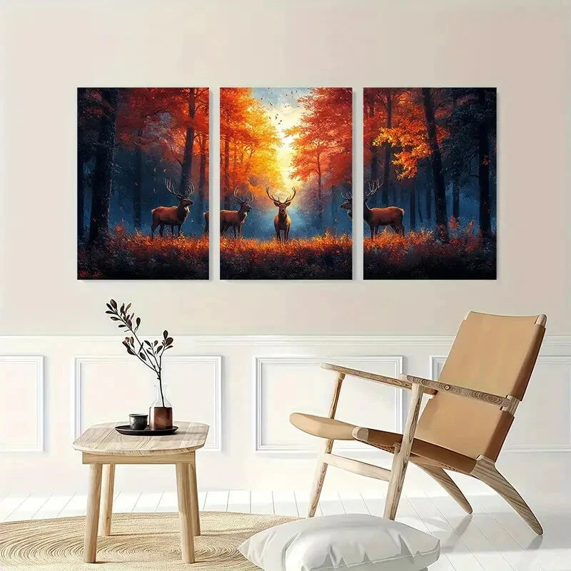 3pcs Rustic Deer Autumn Forest Landscape Wall Art Set Canvas Framed 40x60cm - High Quality Print 100% Australian Made Wall Canvas Ready to Hang