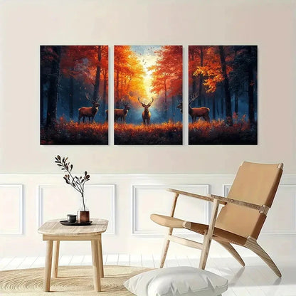 3pcs Rustic Deer Autumn Forest Landscape Wall Art Set Canvas Framed 40x60cm - High Quality Print 100% Australian Made Wall Canvas Ready to Hang