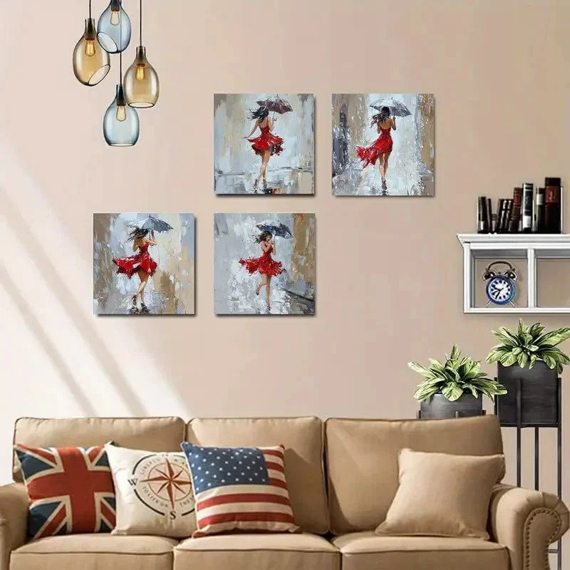 4pcs Girl Umbrella With Red Dress Walking Wall Art Canvas Framed