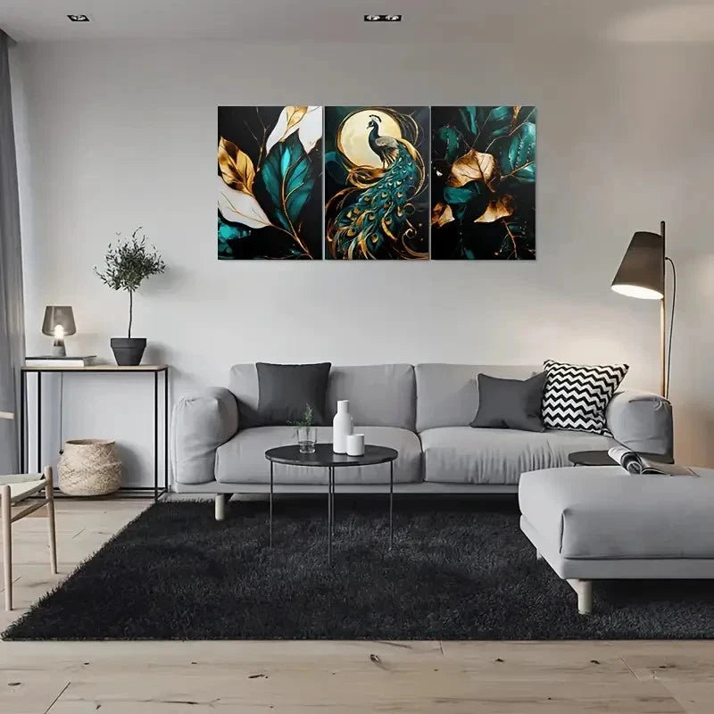 3pcs Modern Abstract Peacock Bird Themed Metal Print Ready to Hang Art