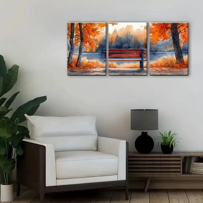 3pcs Watercolor Autumn Park Bench Scene Metal Print Ready to Hang Art