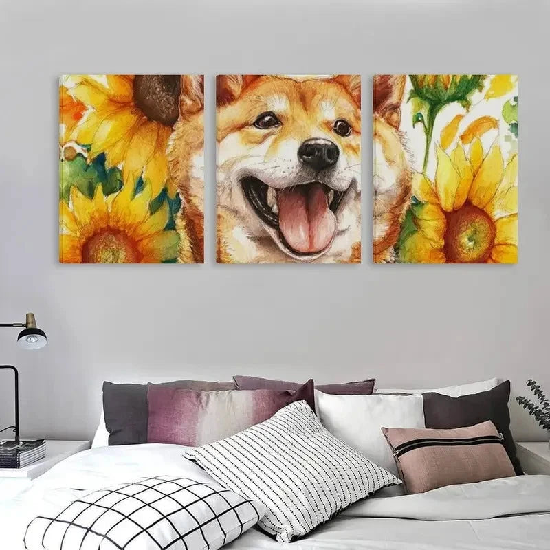 3pcs Happy Golden Shiba Inu In Sunflowers  Wall Art Set Canvas Framed 60x90cm - High Quality Print 100% Australian Made Wall Canvas Ready to Hang