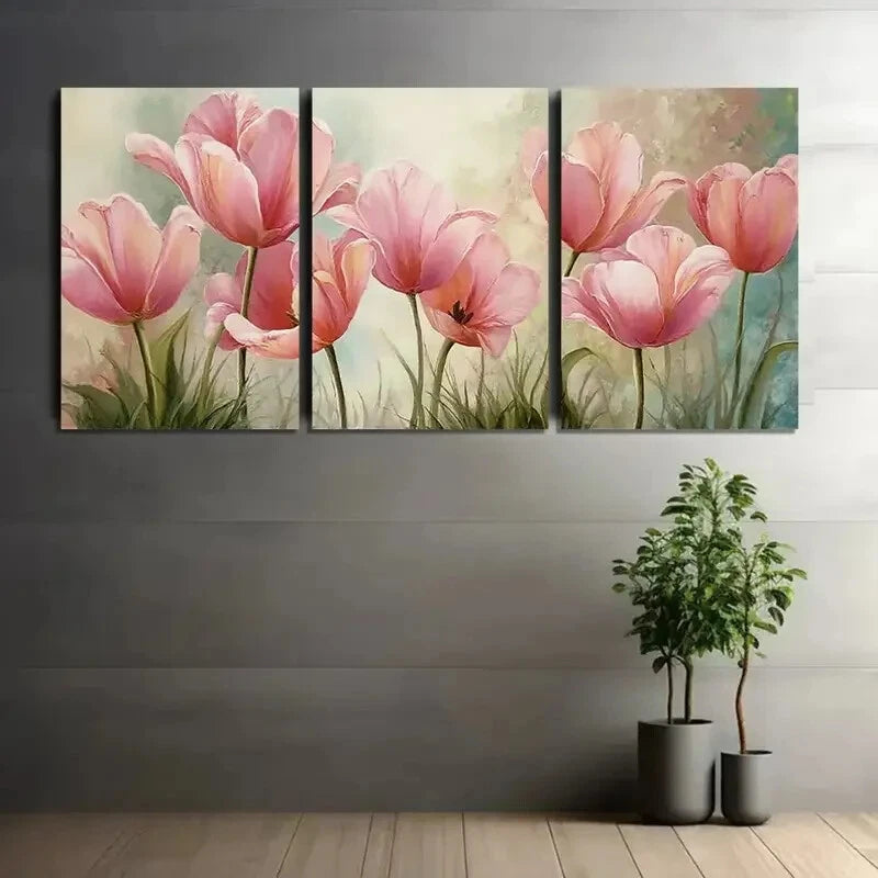 3pcs Painting of Pink Tulips Pastels Metal Print Ready to Hang Art
