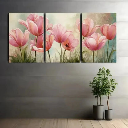 3pcs Painting of Pink Tulips Pastels Metal Print Ready to Hang Art