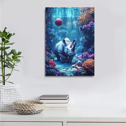 Whimsical Rhino Underwater Scene with Coral Reef 40x60cm Metal Print Ready to Hang