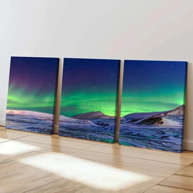 3pcs Natural Northern Lights & Snow Mountains Wall Art Set Canvas Framed 40x60cm - High Quality Print 100% Australian Made Wall Canvas Ready to Hang