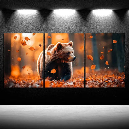 3pcs Bears in the Forest Scenery Golden Leaves Metal Print Ready to Hang Art