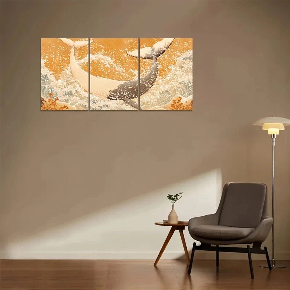 3pcs Summer Whale Tails Splashing Updo Style Metal Print Ready to Hang Art
