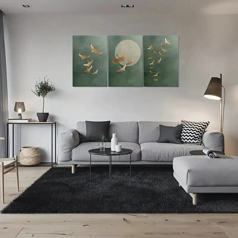 3pcs Golden Birds Moonlit Night Sky with Green Metal Print Ready to Hang Art