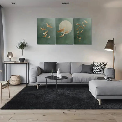 3pcs Golden Birds Moonlit Night Sky with Green Metal Print Ready to Hang Art