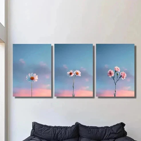 3pcs Simple Daisies and Fresh Blue Sky Wall Art Canvas Unframed - High Quality Print 100% Australian Made Wall Canvas